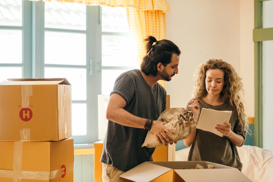 A young woman with long blonde hair, dressed in a casual grey t-shirt and jeans, stands inside a home surrounded by cardboard moving boxes, some labeled with household items such as 'Clothes.' She is